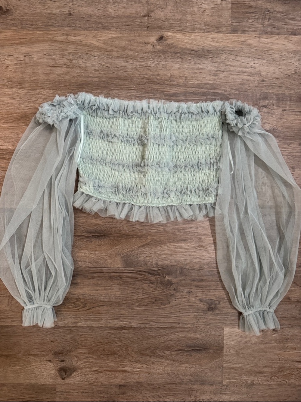Sheer Puff-Sleeve Smocked Crop Top in Sage